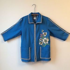 BOB MACKIE‎ Blue Wearable Art Embroidered White/Black Edge Floral Jacket XS